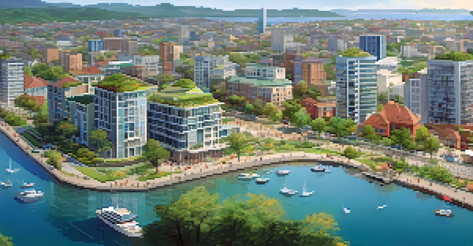 Aerial view of a coastal city with elevated buildings and green roofs, showcasing climate resilience and community life.