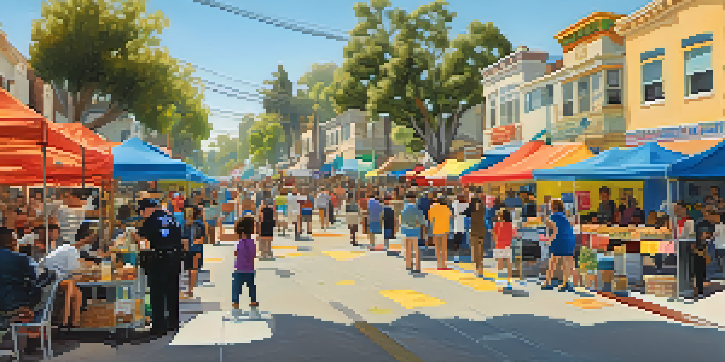 A lively community safety event in Los Angeles with diverse residents interacting with law enforcement, colorful banners, and food stalls under a sunny sky.