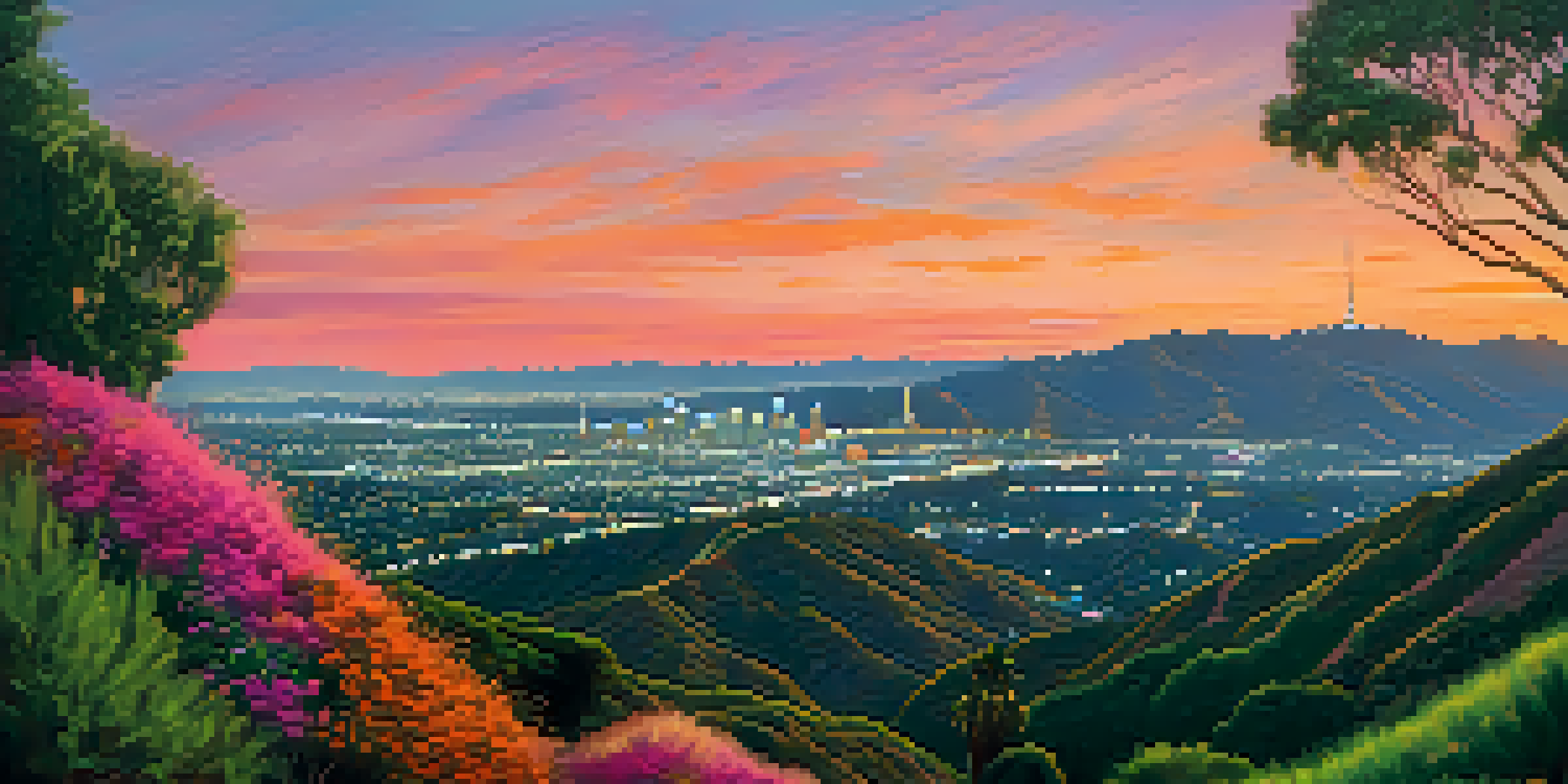A scenic view of the Hollywood Sign at sunset, surrounded by hills and the city of Los Angeles in the background.