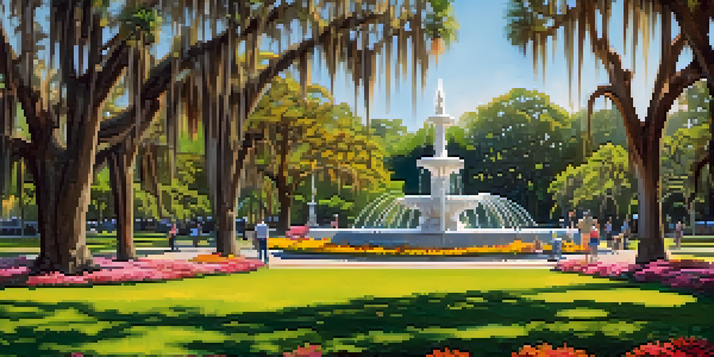 A vibrant park scene in Forsyth Park, Savannah, showcasing the iconic fountain and people enjoying the surroundings.