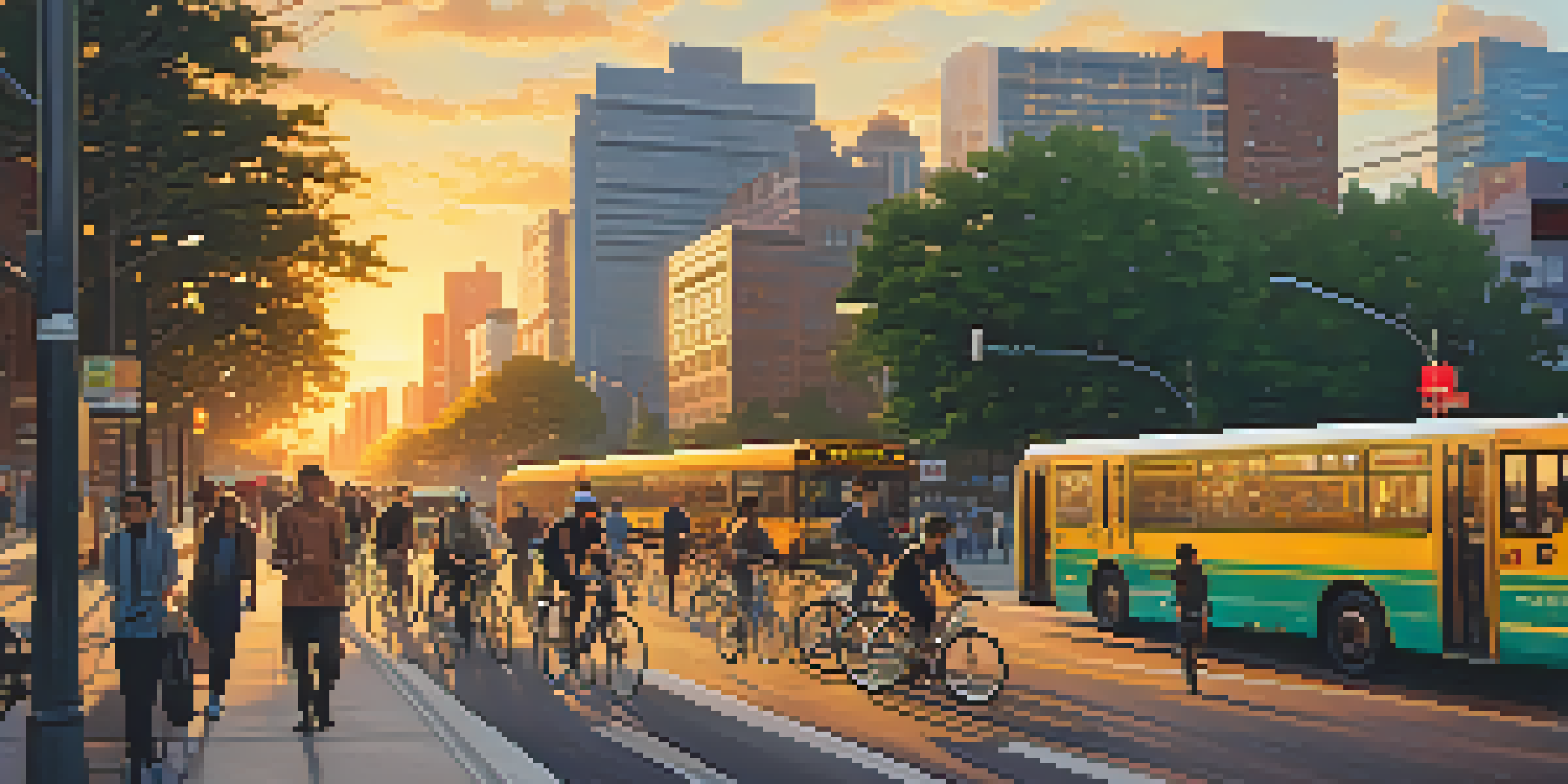 A busy urban street filled with bicycles, pedestrians, and buses at sunset, with a skyline in the background.