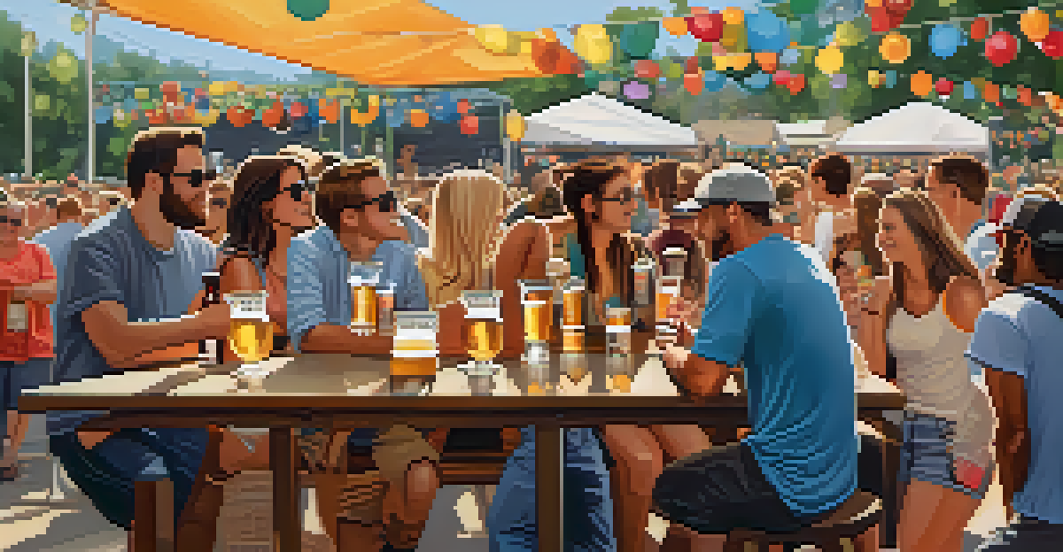 A close-up view of a craft beer tasting area at a music festival, showcasing glasses of beer and promotional materials with attendees enjoying the drinks.
