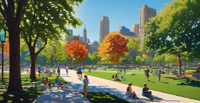 A lively urban park with diverse trees and flowers, showcasing people engaged in recreational activities under a clear blue sky.