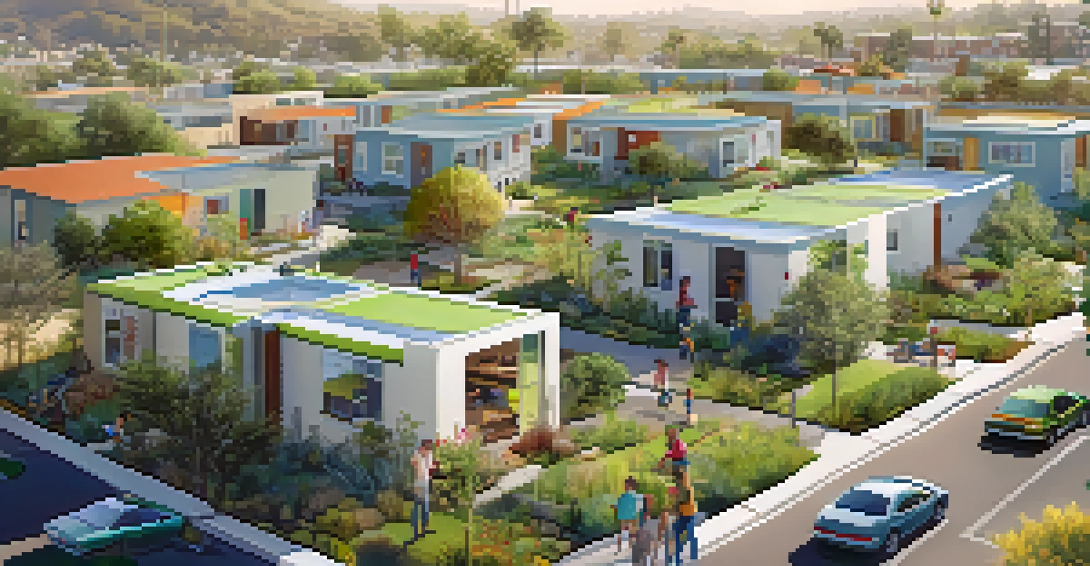 An aerial view of a community of modular homes in Los Angeles, surrounded by gardens and residents engaged in outdoor activities.