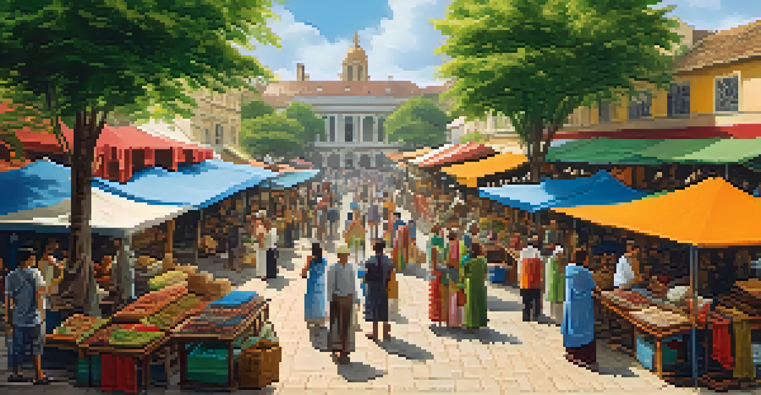 A lively outdoor marketplace with stalls selling handmade clothing and accessories, surrounded by greenery and a vibrant community atmosphere.