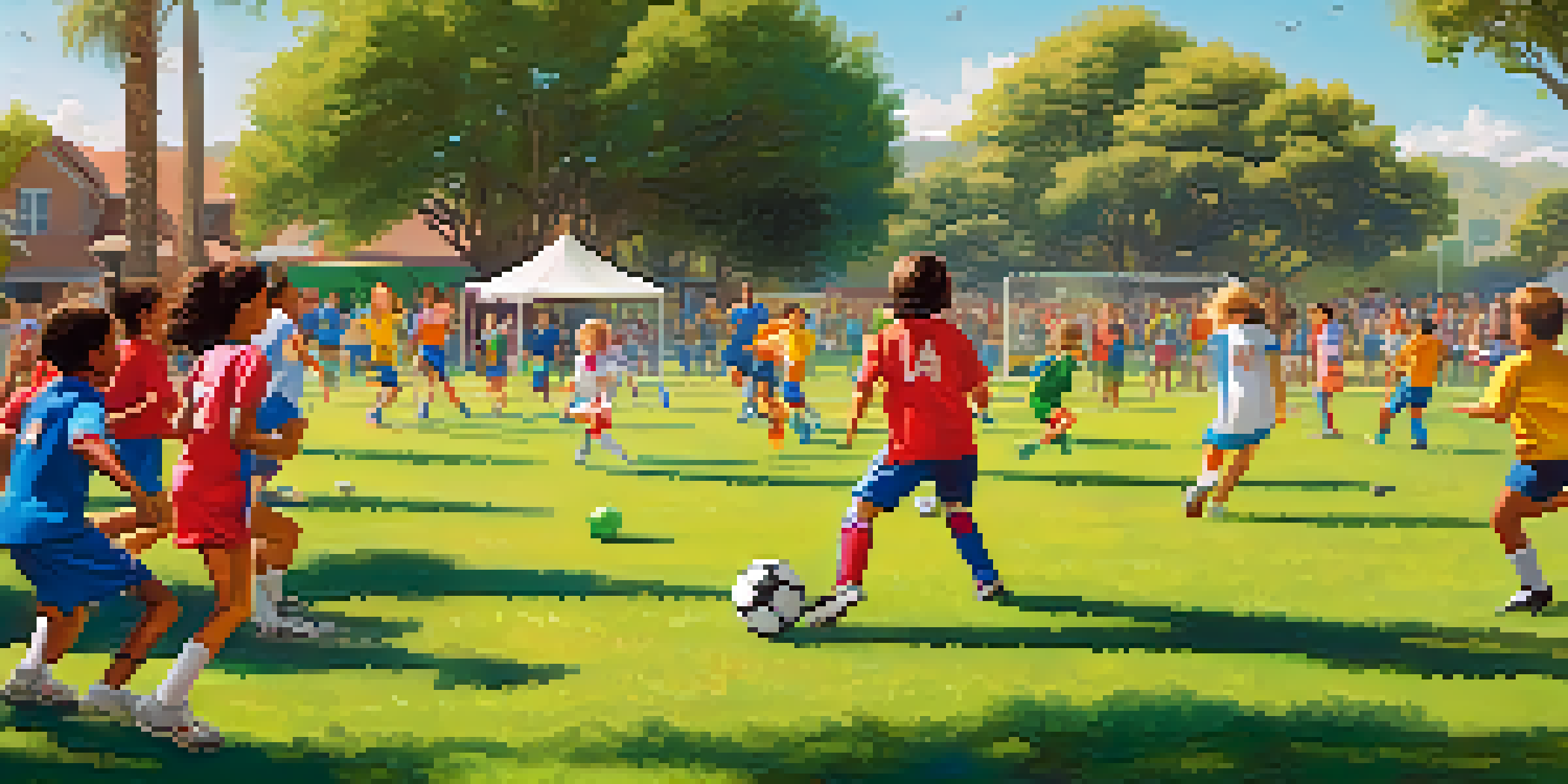 A lively youth soccer match in a sunny park with young athletes of diverse backgrounds and cheering parents.