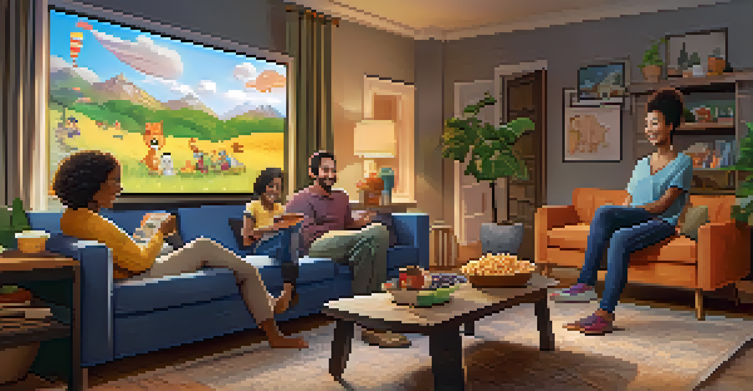 A family enjoying a movie night in a cozy living room with snacks and a large screen.