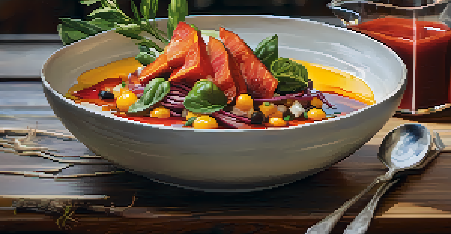 A traditional dish with a modern presentation on a rustic table, showcasing local ingredients and vibrant garnishes.