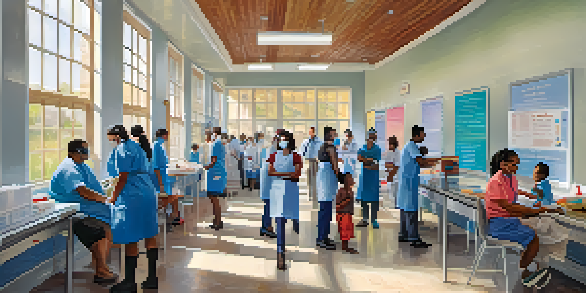A diverse group of individuals receiving vaccinations at a community clinic, with healthcare professionals assisting them in a bright and welcoming environment.