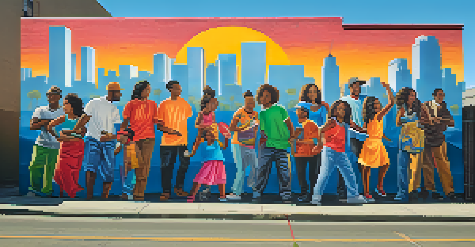 A colorful mural in South Central LA representing community activism, with vivid imagery and figures symbolizing unity and resilience.