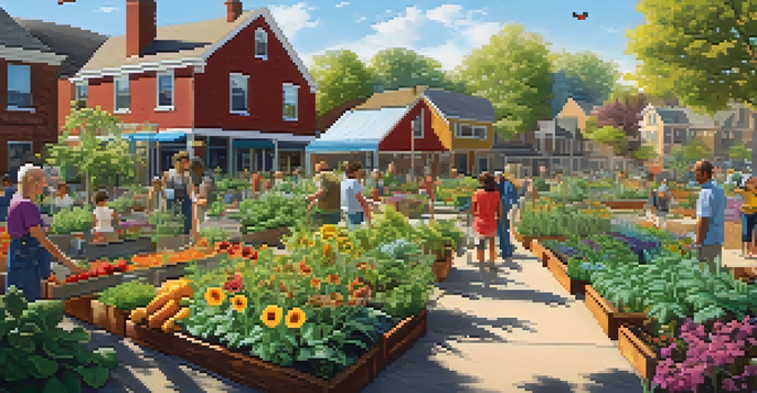A diverse group of people working together in a colorful community garden, with flowers, fruits, and vegetables under sunlight.