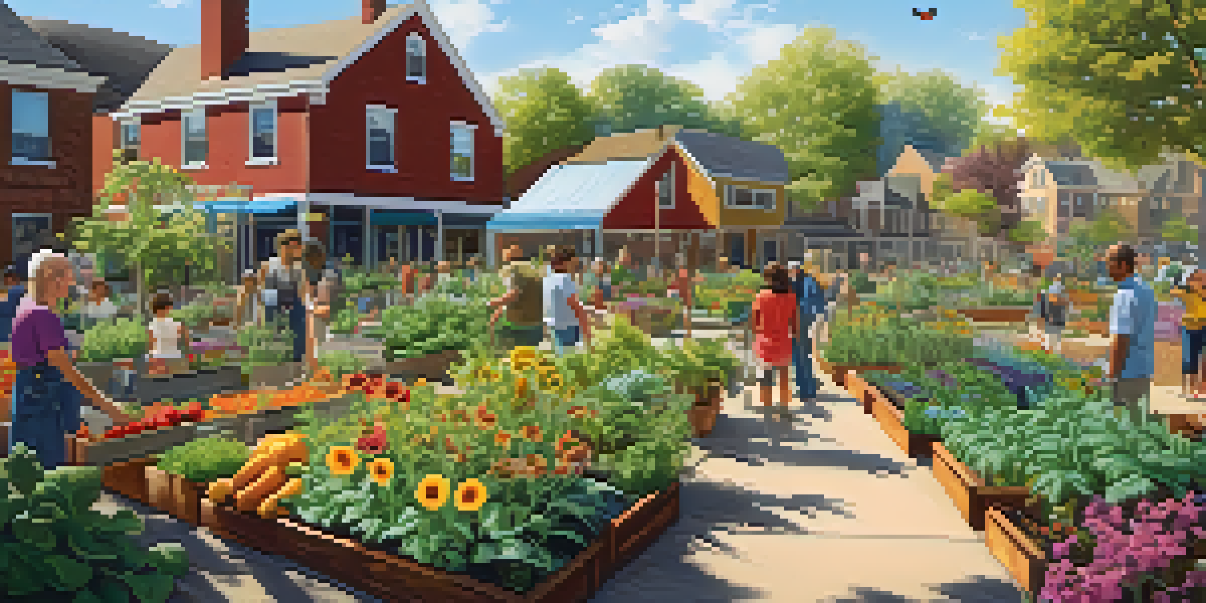 A diverse group of people working together in a colorful community garden, with flowers, fruits, and vegetables under sunlight.