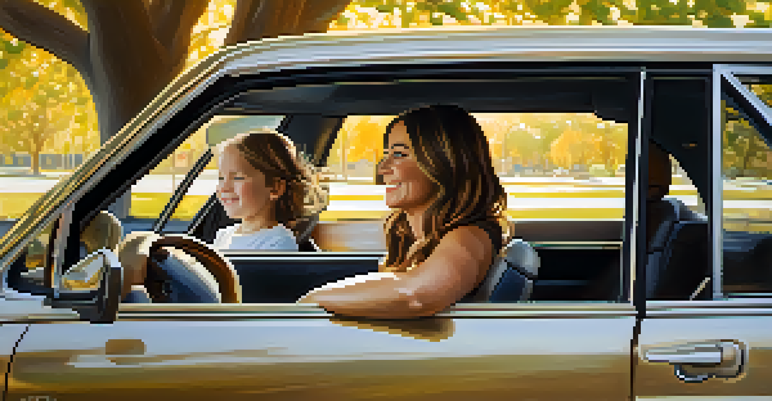 A portrait of a smiling ride-share driver with her children playing in a park, illuminated by golden sunlight.