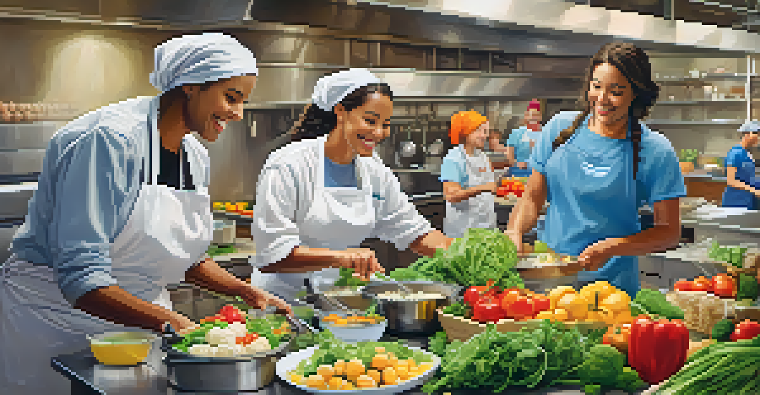 A volunteer cooking meals in a bright kitchen, surrounded by fresh ingredients and smiling co-volunteers.