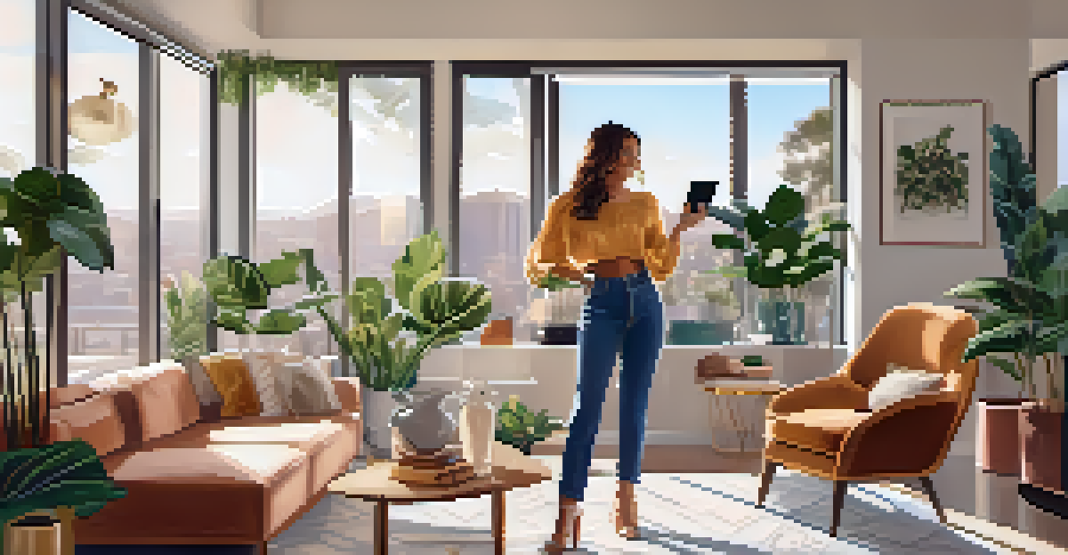 An influencer filming a lifestyle vlog in a stylish LA apartment, surrounded by plants and well-decorated interiors.
