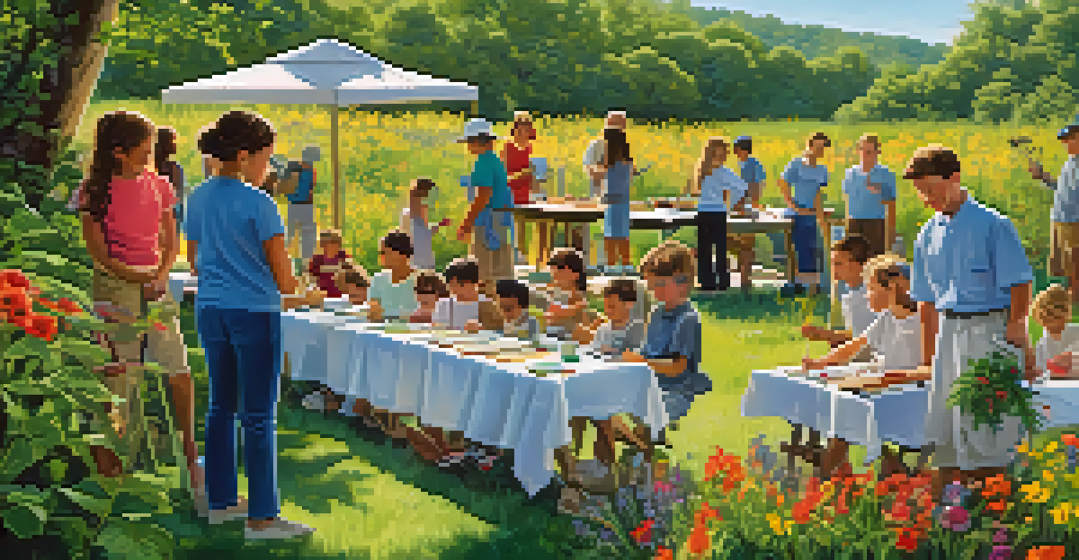 A community workshop with people learning about plants outdoors, surrounded by greenery and flowers.