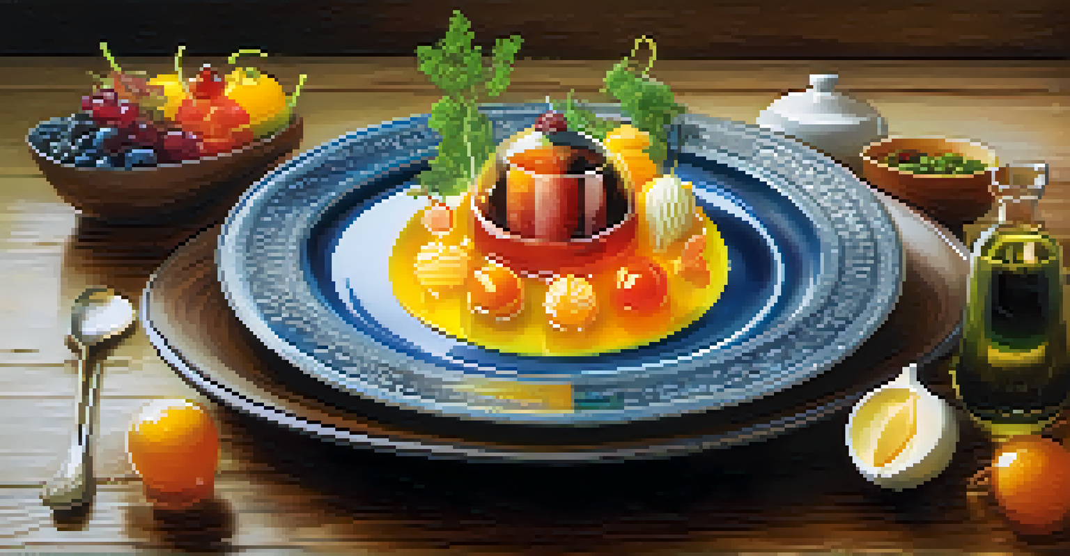 A gourmet dish featuring molecular gastronomy with colorful elements and intricate garnishes, presented on a rustic wooden table with natural lighting.