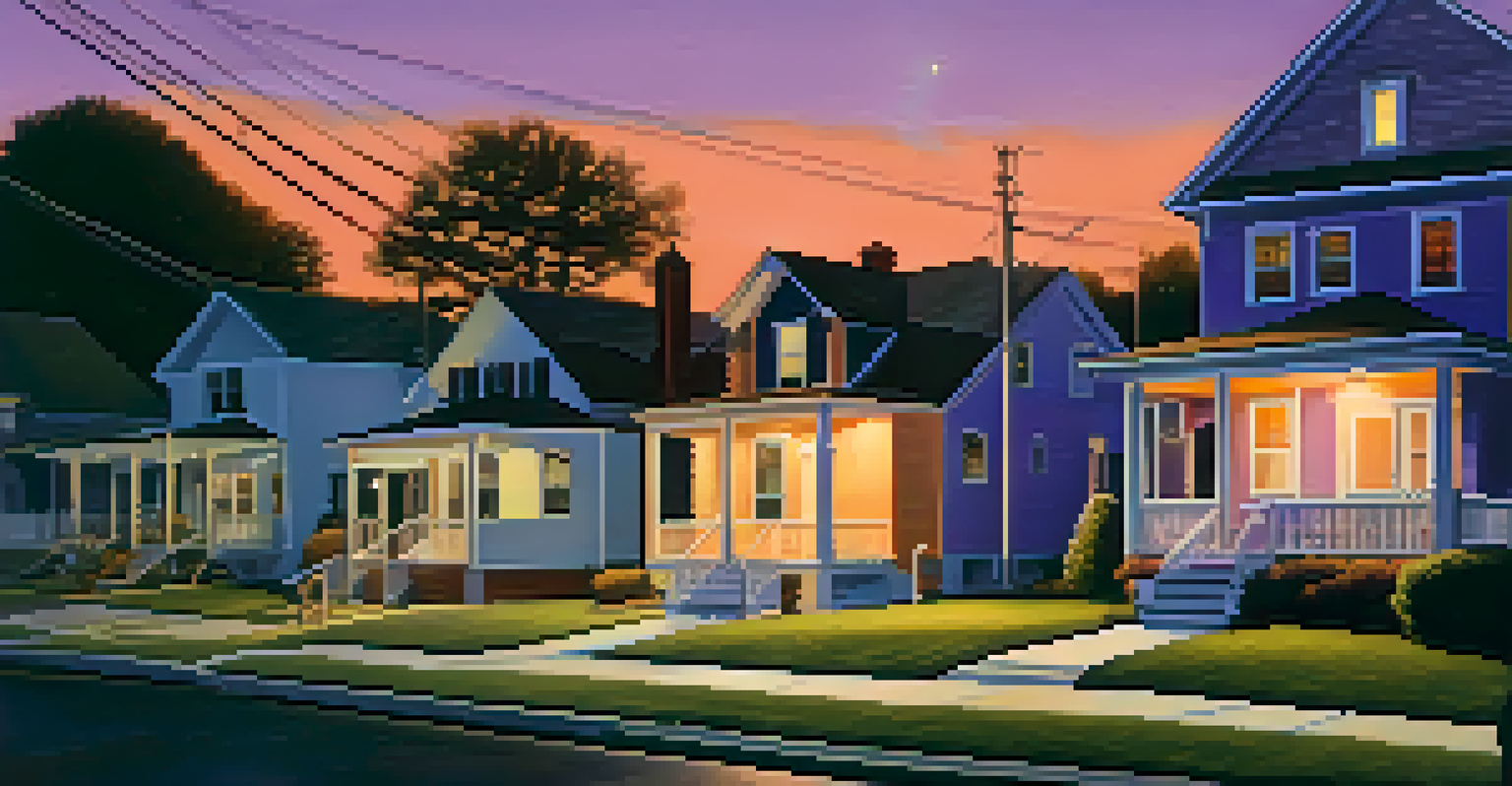 Residents patrolling a suburban neighborhood in the evening with warm porch lights and a colorful sunset sky.