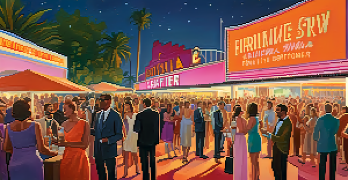 A lively film festival scene with diverse filmmakers socializing outside a cinema under a colorful marquee, during sunset.