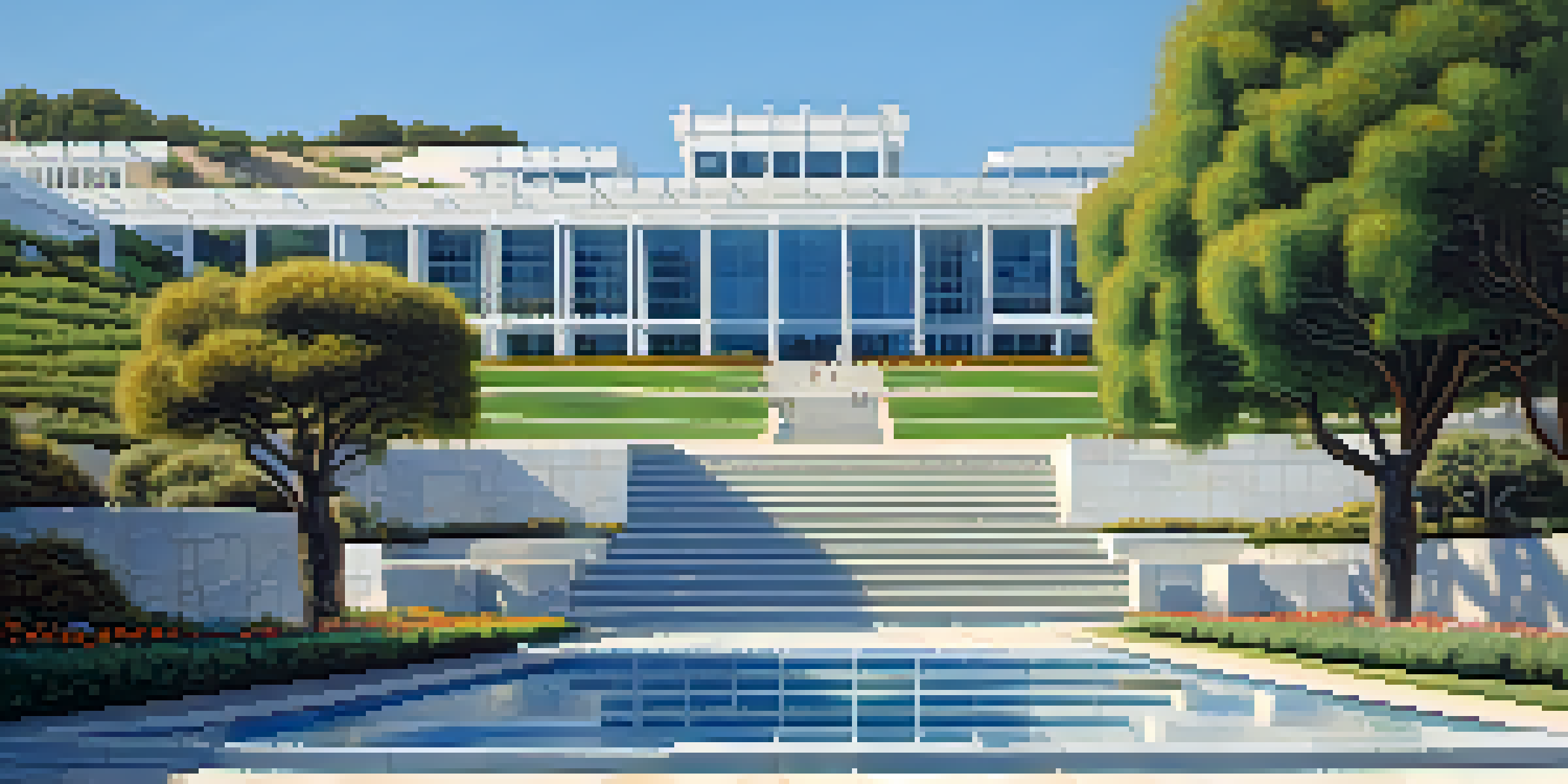 A wide view of the Getty Center's modern architecture with gardens and visitors in Los Angeles.