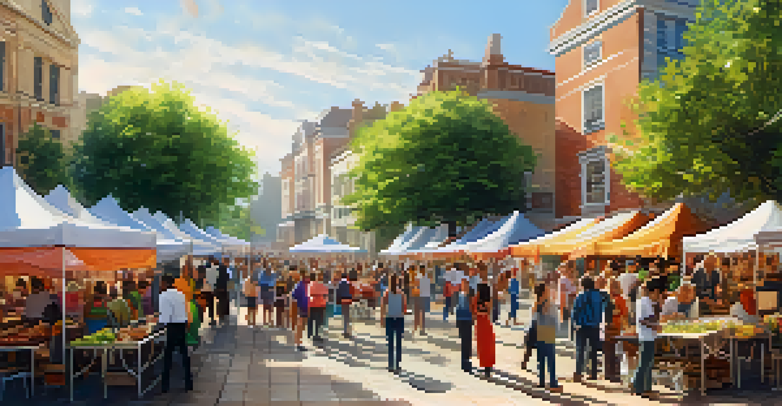 A lively outdoor community event with colorful stalls and people enjoying food, music, and activities in a sunny city square.