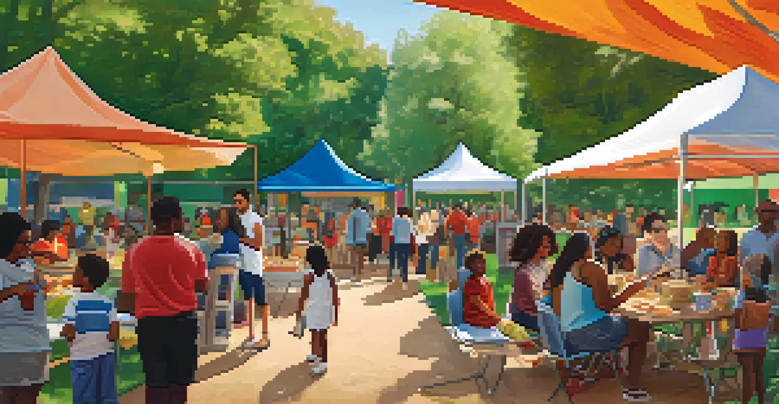 A vibrant outdoor library event with diverse people engaging in activities, surrounded by colorful tents and trees, creating a festive community atmosphere.