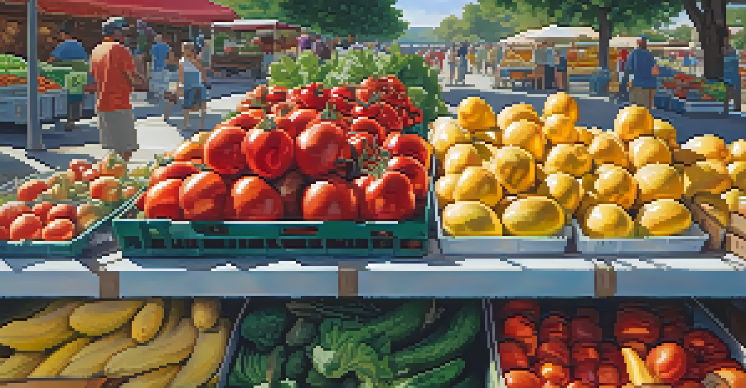 A table filled with fresh fruits and vegetables at a sunny outdoor market.