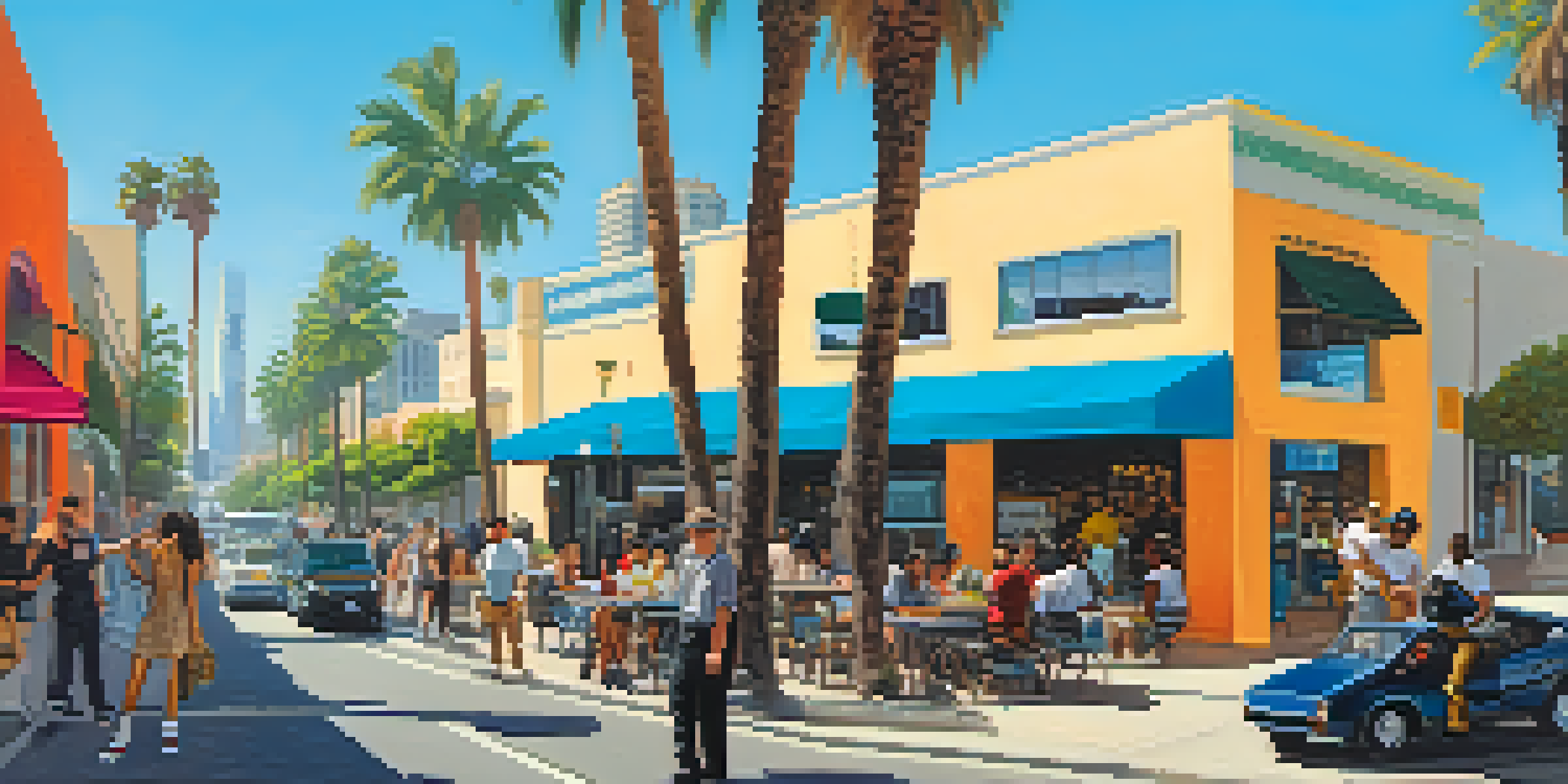 A busy street in Los Angeles with gig workers, including a rideshare driver, a delivery cyclist, and a freelancer at a café, surrounded by palm trees and city architecture.