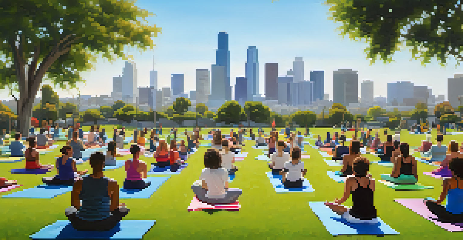 A diverse group of people practicing yoga together in a park with the Los Angeles skyline in the background.