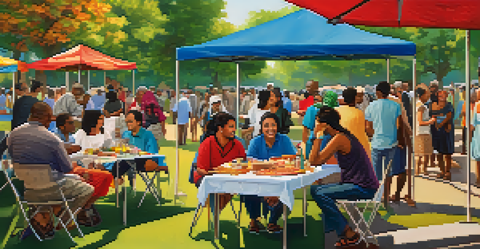 A community gathering in a park with food stalls and local artists, showcasing a diverse group of people enjoying the cultural event.