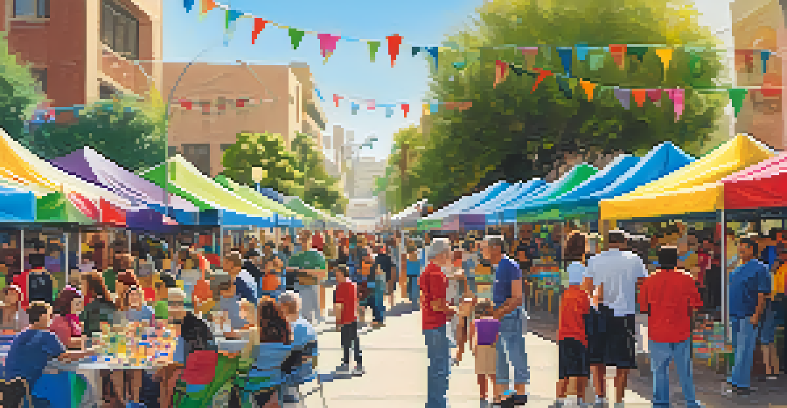 A vibrant community event in Los Angeles with families participating in activities, colorful stalls, and banners, showcasing community support for nonprofits.