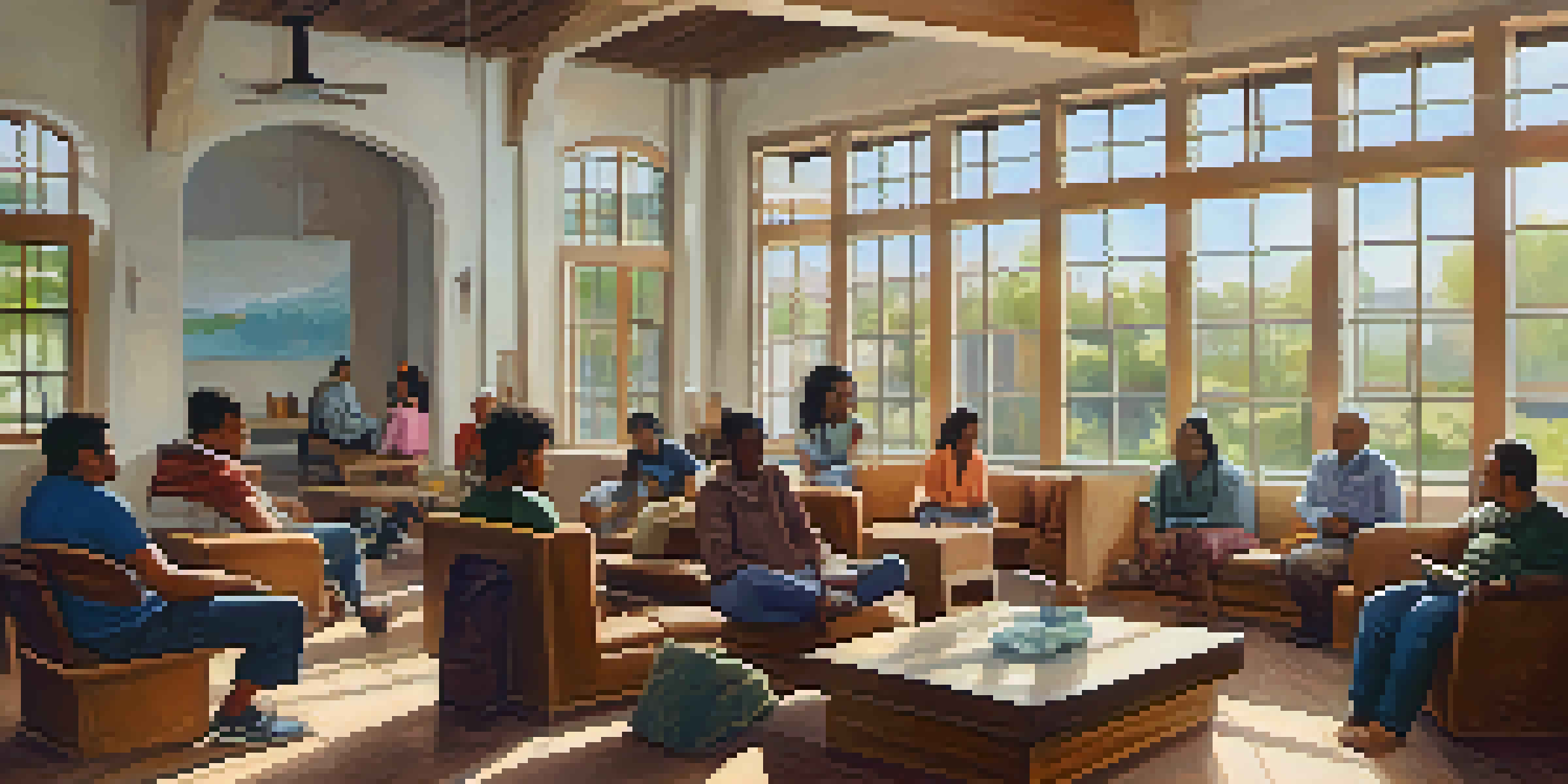 A diverse group of people sitting in a circle in a warm, inviting community center, sharing experiences in a safe and supportive environment.