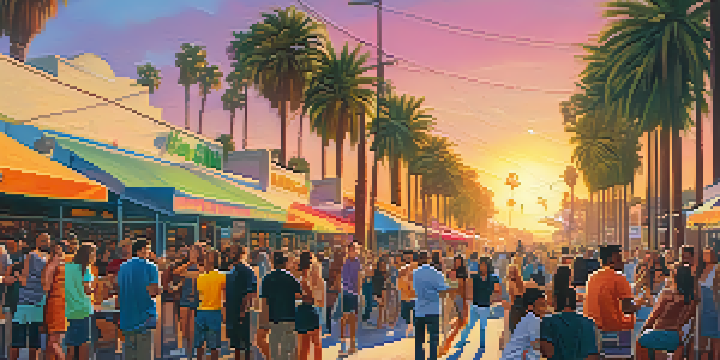 A diverse group of influencers enjoying an outdoor event in Los Angeles with colorful murals and palm trees, illuminated by a golden sunset.