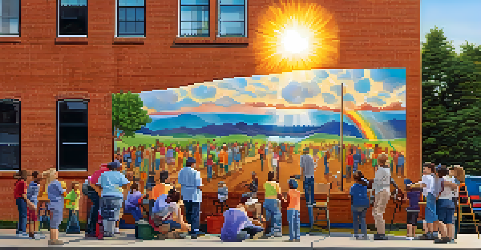 A community mural project with residents and artists painting together on a wall, creating a colorful and collaborative artwork under a warm sunset.