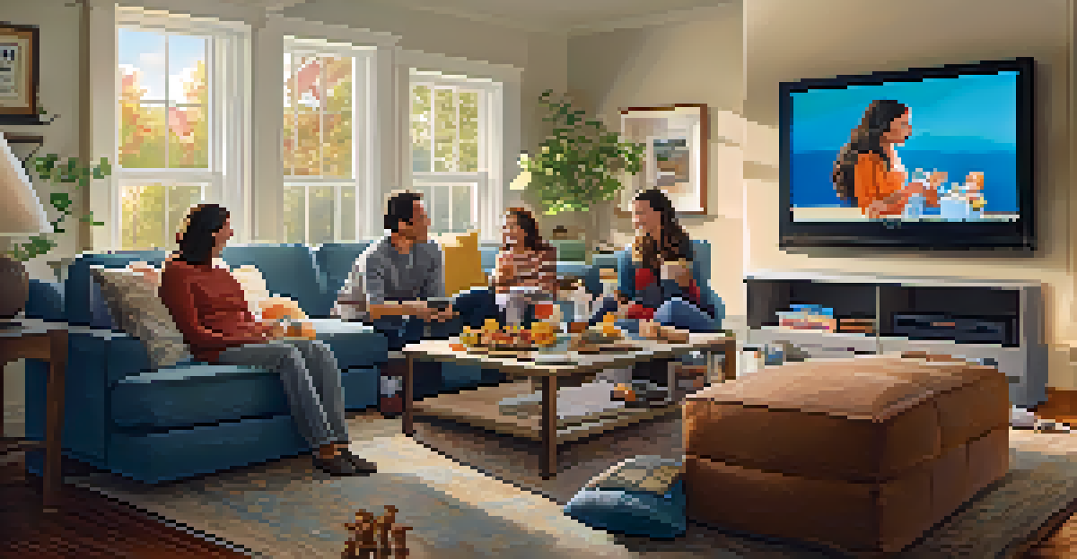 A family enjoying a movie night in a cozy living room, with a large TV displaying a show, surrounded by snacks and warm lighting.