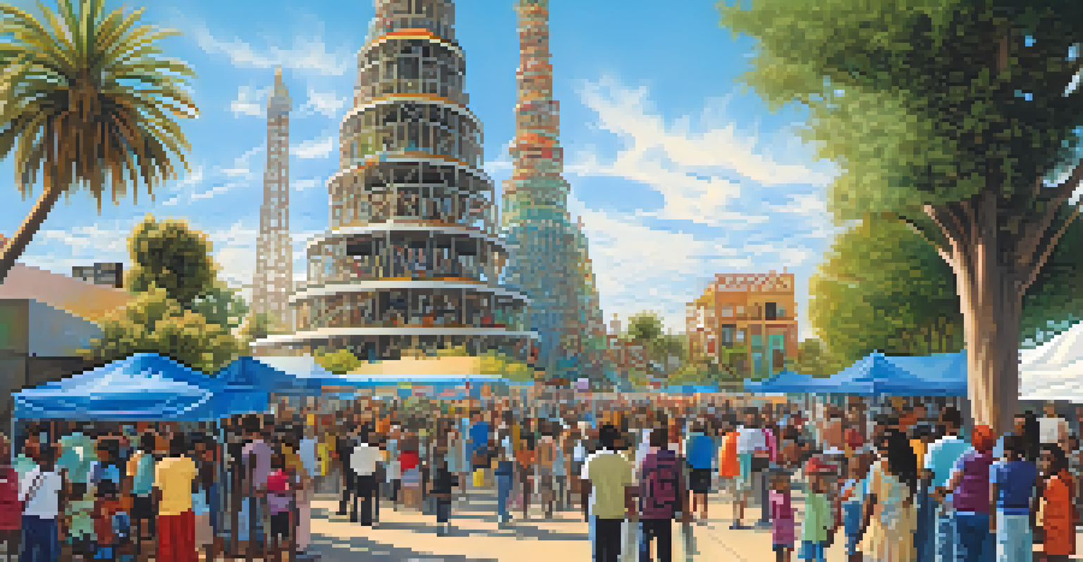 A community event at the Watts Towers, featuring diverse people celebrating art and culture with the towers in the background.