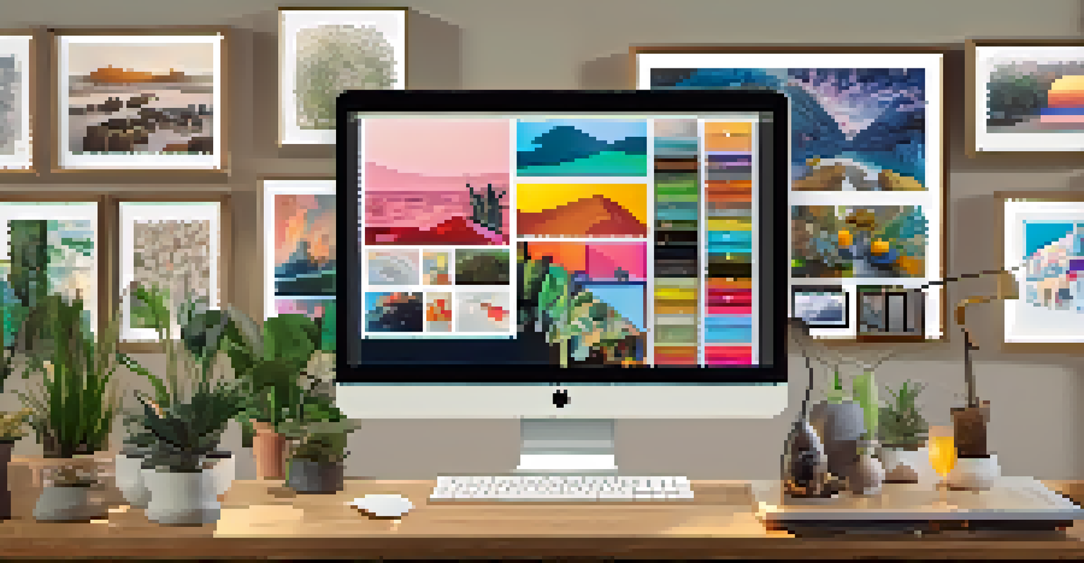 A computer screen displaying a virtual art exhibition with various colorful artworks and a cozy home office in the background.