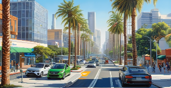 A lively Los Angeles street scene featuring solar panels on rooftops and electric vehicles, with palm trees and a clear blue sky in the background.