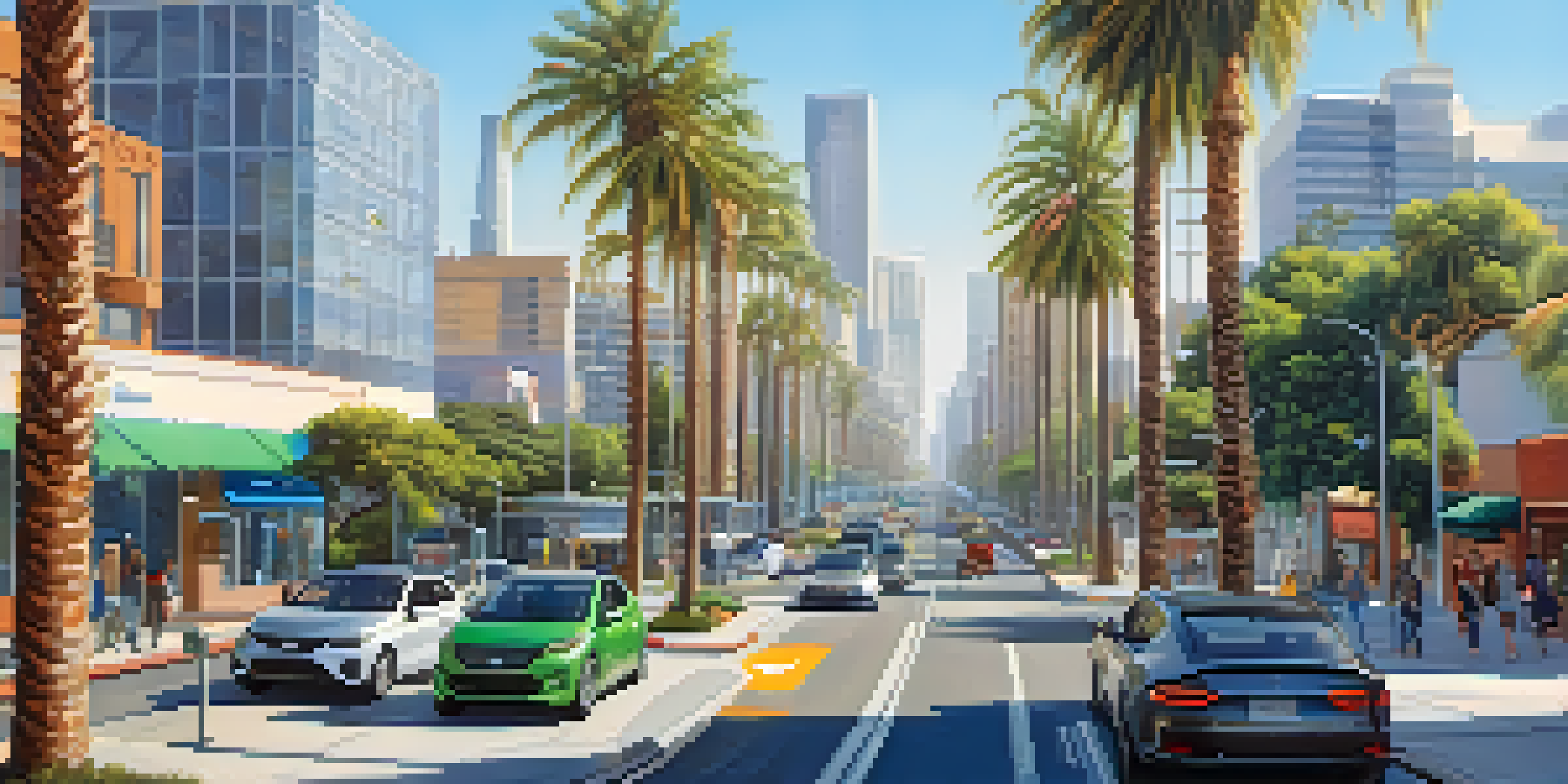 A lively Los Angeles street scene featuring solar panels on rooftops and electric vehicles, with palm trees and a clear blue sky in the background.