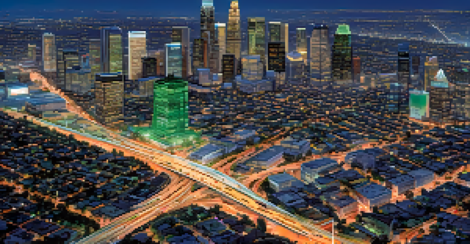 Aerial view of Los Angeles showing roads with traffic flow overlays and illuminated cityscape.