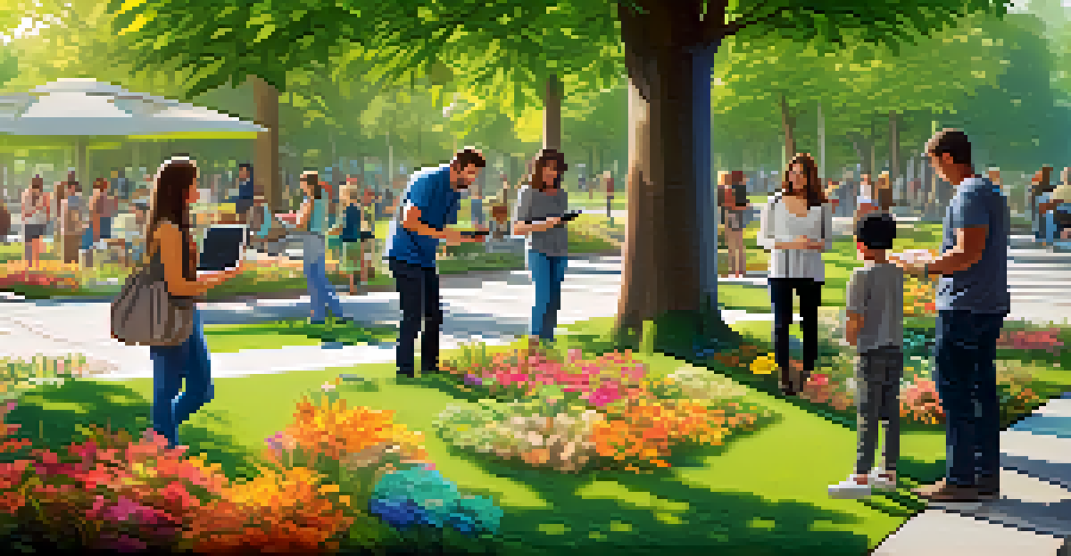 Families interacting with an augmented reality public art installation in a sunny park, surrounded by greenery and colorful flowers.