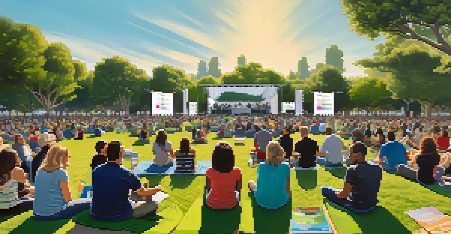 An outdoor podcast event in a park with hosts on stage, an audience seated on picnic blankets, surrounded by greenery.