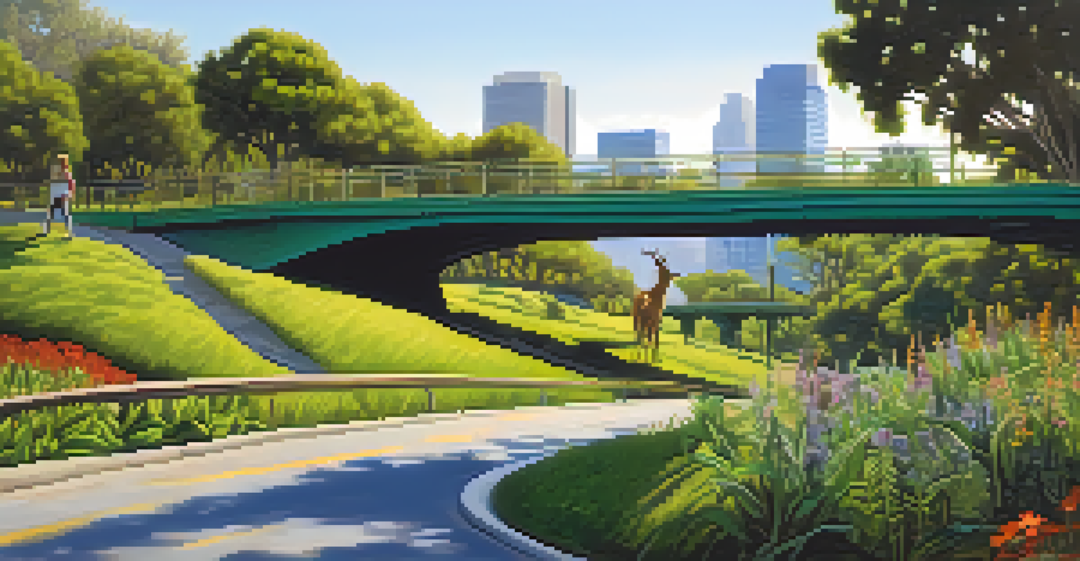 A green bridge for wildlife crossing over a busy road, with a deer crossing and lush vegetation.