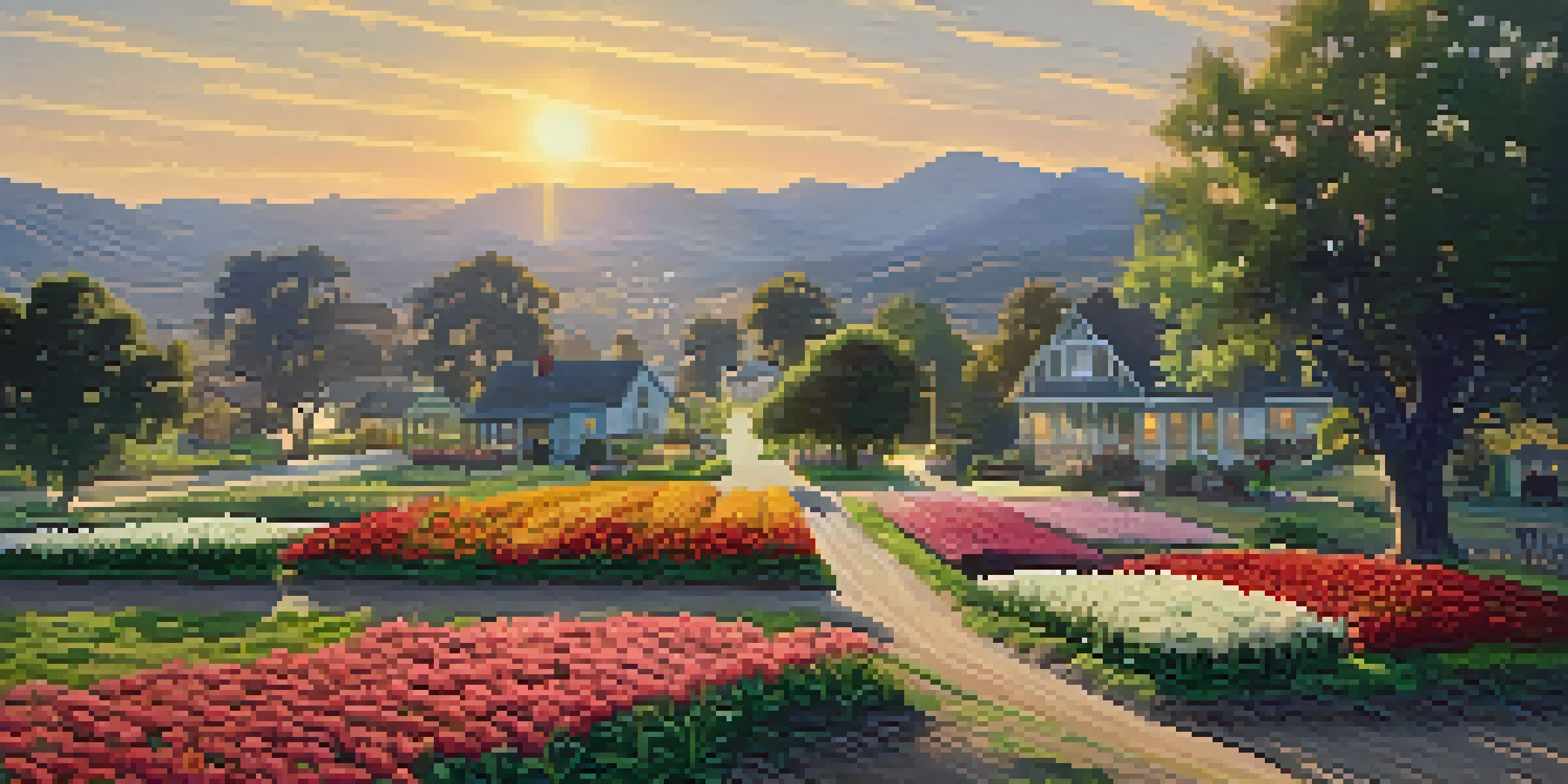 A peaceful early 1900s Hollywood farming community with orchards and rustic homes under a golden sunset.