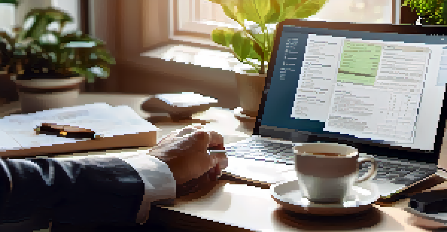 A close-up of a business owner working on a laptop amidst financial documents and a cup of coffee in a well-lit workspace.