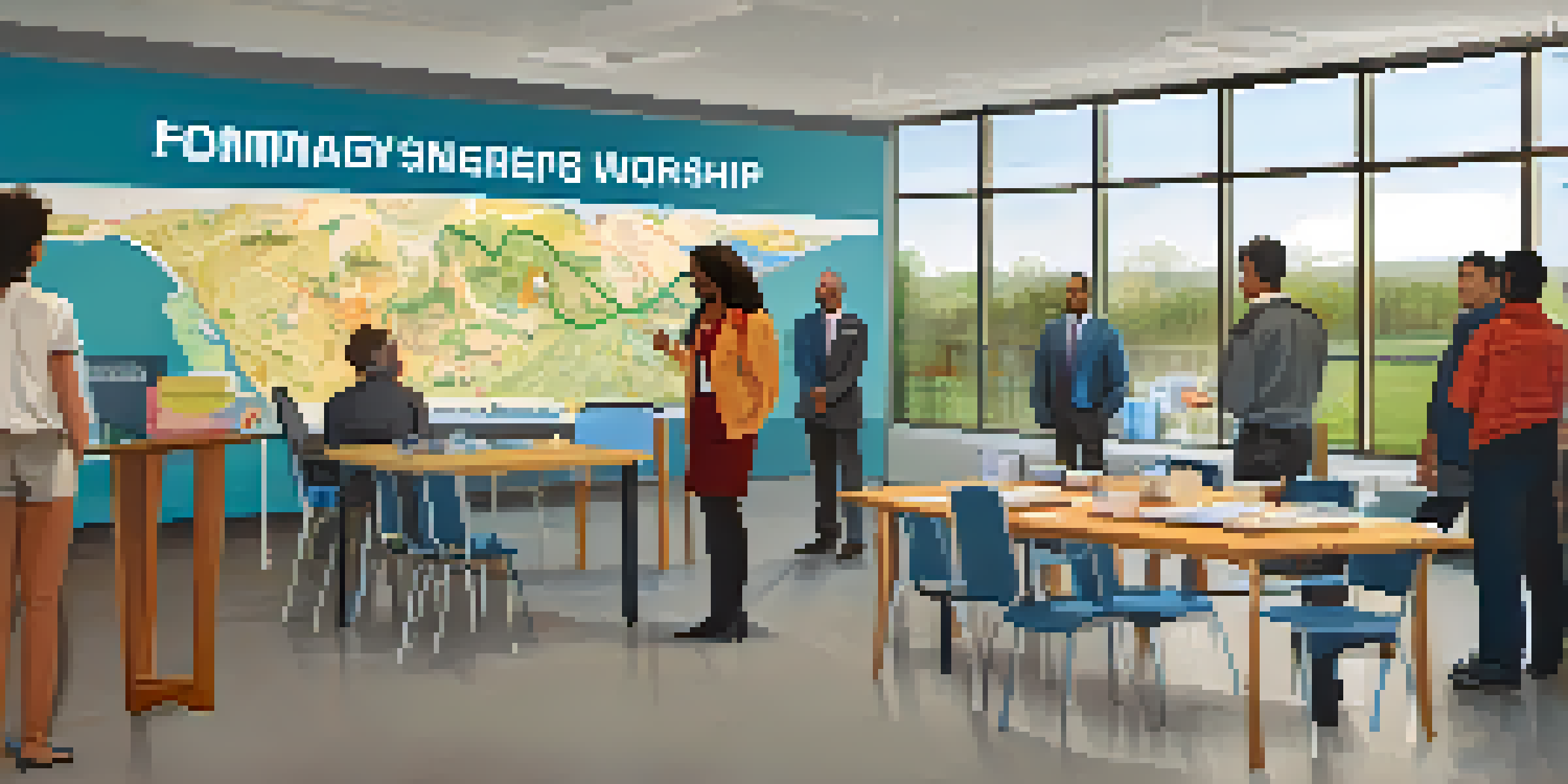 A diverse group of participants attending an emergency management workshop in a well-lit community center, with a presenter and a large map on the wall.