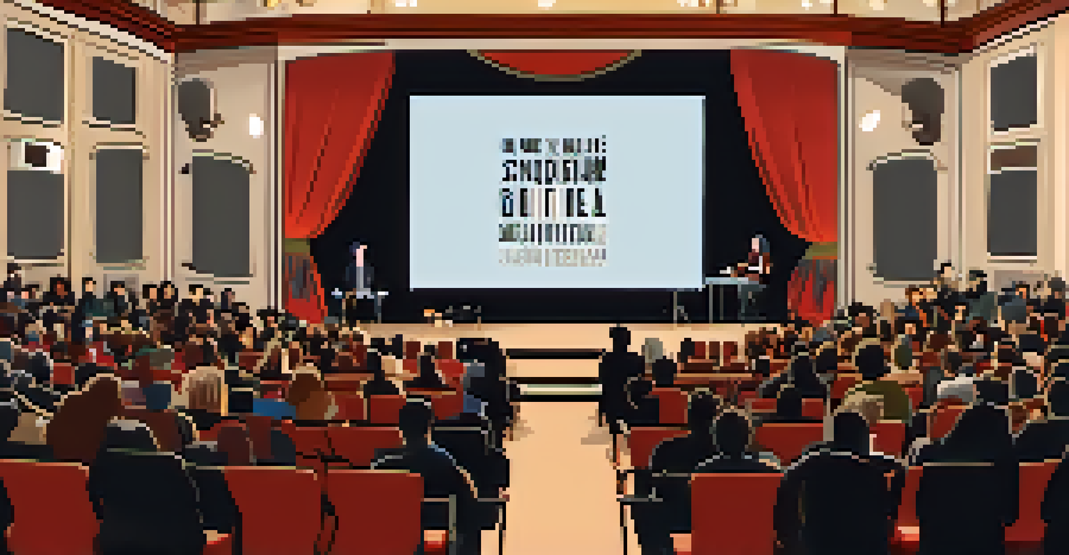 A filmmaker engaged in a Q&A session on stage at a film festival, with an audience participating in the discussion.