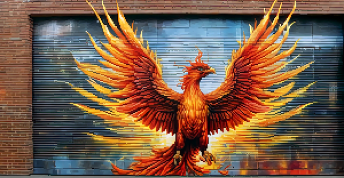 A large colorful mural of a phoenix rising from flames on a brick wall.