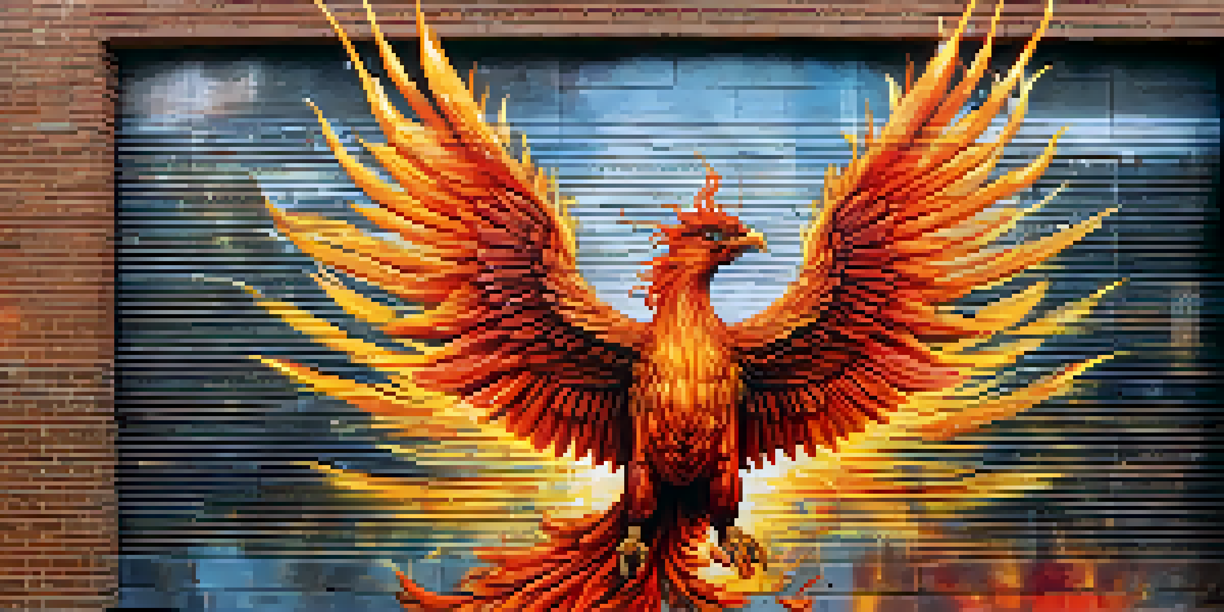 A large colorful mural of a phoenix rising from flames on a brick wall.