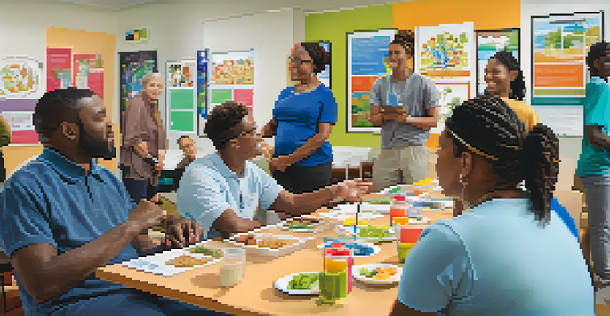 A diverse group of people attending a public health education workshop in a community center, with colorful health posters and a facilitator presenting.